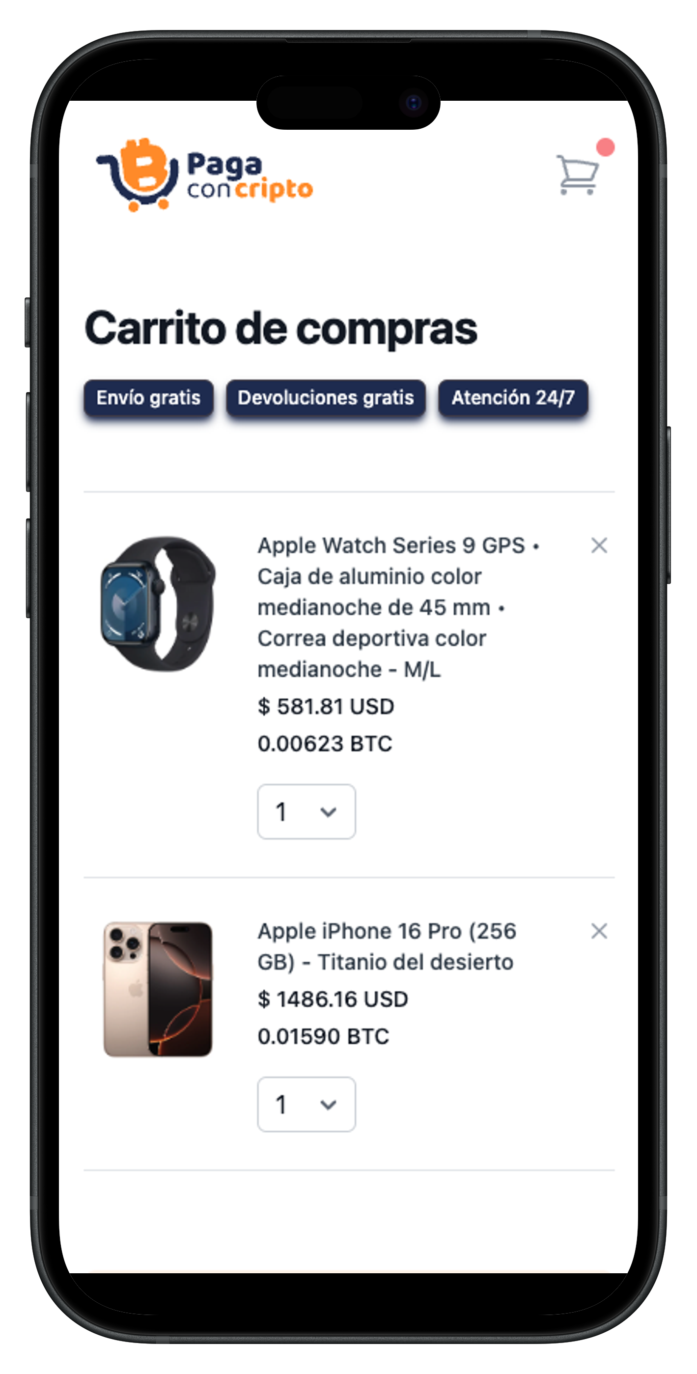 Imagen de un teléfono móvil con la pagina de checkout mostrando que se puede pagar con criptomonedas